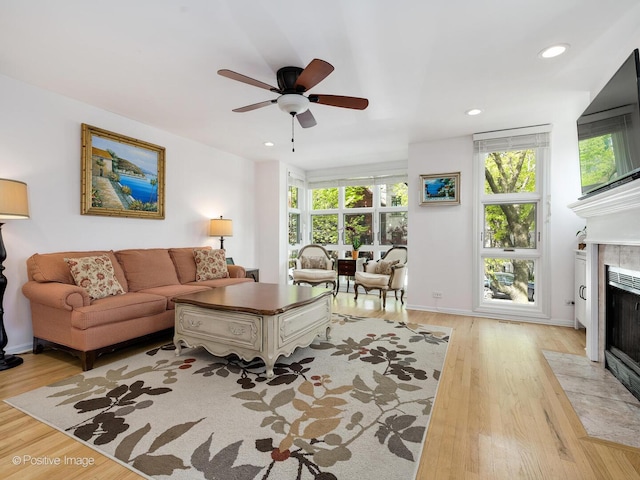 2393 N Wayne Ave, Chicago, IL 60614 - living area featuring a fireplace, a ceiling fan, light wood-type flooring, recessed lighting, and baseboards