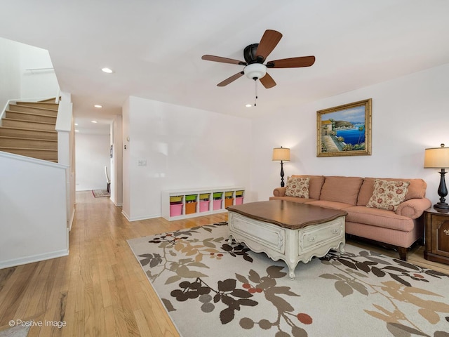 2393 N Wayne Ave, Chicago, IL 60614 - living room featuring light wood-type flooring, recessed lighting, stairway, ceiling fan, and baseboards