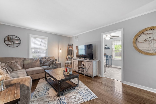 1822 Kelly Ave, Crest Hill, IL 60403 - living room featuring dark wood finished floors, crown molding, baseboards, and ceiling fan