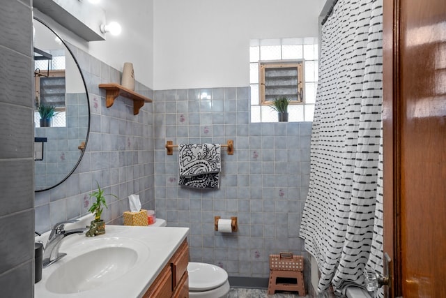 2403 Highland Ave, Berwyn, IL 60402 - bathroom featuring tile walls, toilet, vanity, and curtained shower