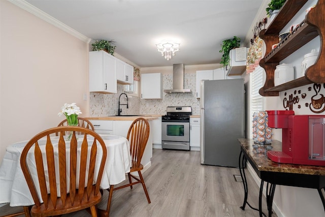 709 S Oak St, Bloomington, IL 61701 - kitchen with appliances with stainless steel finishes, wall chimney exhaust hood, a sink, open shelves, and backsplash