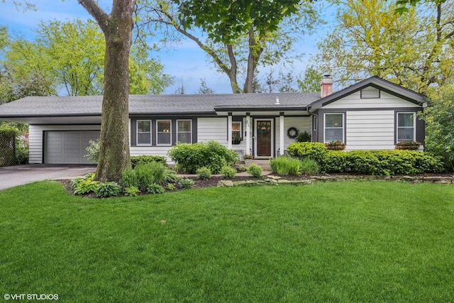 805 S Main St, Wheaton, IL 60189 - ranch-style home featuring a garage, a chimney, driveway, and a front lawn