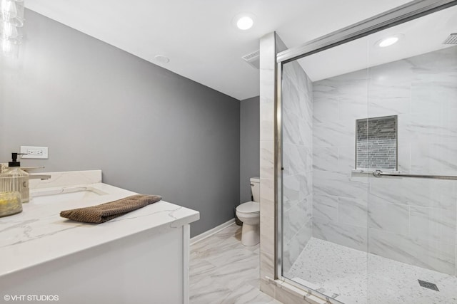 805 S Main St, Wheaton, IL 60189 - bathroom with marble finish flooring, toilet, vanity, a stall shower, and recessed lighting