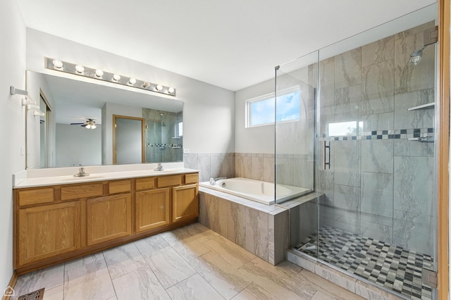 16517 Newbury Ct, Crest Hill, IL 60403 - full bath featuring a garden tub, a shower stall, double vanity, a ceiling fan, and marble look tile flooring