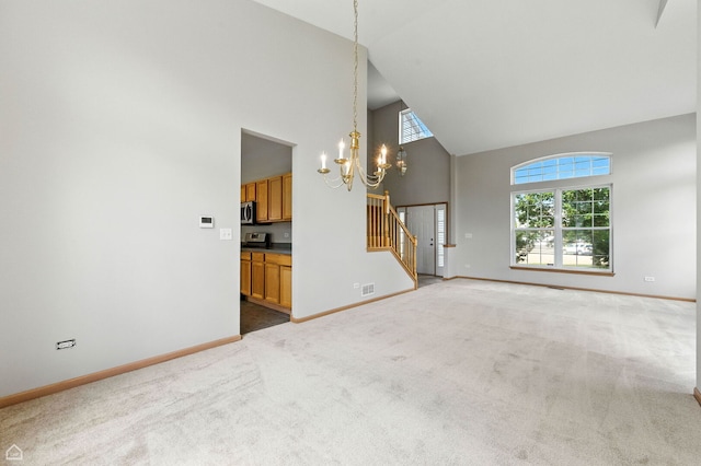 16517 Newbury Ct, Crest Hill, IL 60403 - unfurnished living room with high vaulted ceiling, a chandelier, light colored carpet, and stairs