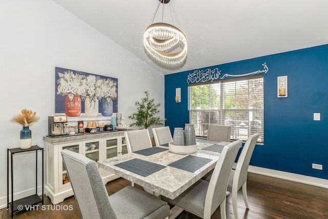 6016 W Kennedy Ct, Monee, IL 60449 - dining room featuring a chandelier, baseboards, wood finished floors, and lofted ceiling