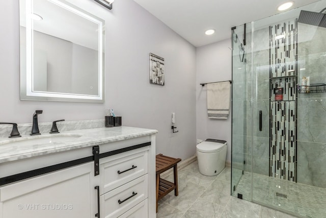 6016 W Kennedy Ct, Monee, IL 60449 - full bath with vanity, toilet, a stall shower, recessed lighting, and baseboards