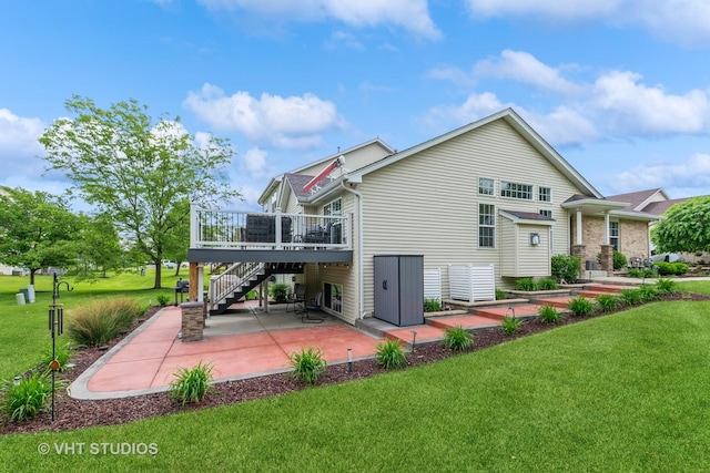 6016 W Kennedy Ct, Monee, IL 60449 - rear view of property with a patio, a wooden deck, stairway, and a lawn