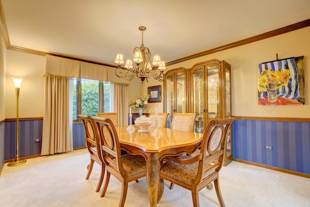 13711 83rd Ave, Orland Park, IL 60462 - dining area featuring a chandelier, light colored carpet, ornamental molding, baseboards, and wainscoting