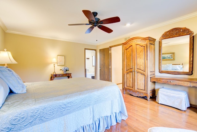13711 83rd Ave, Orland Park, IL 60462 - bedroom featuring light wood finished floors, ornamental molding, ceiling fan, and ensuite bath