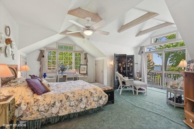 4014 Pitzen Rd, Johnsburg, IL 60051 - carpeted bedroom with access to outside, beamed ceiling, multiple windows, a ceiling fan, and high vaulted ceiling