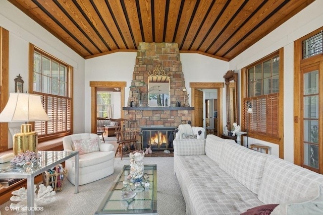 4014 Pitzen Rd, Johnsburg, IL 60051 - living room with vaulted ceiling, a stone fireplace, wood ceiling, and carpet flooring