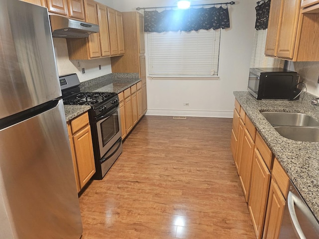 1182 Middlebury Ln Unit D1, Wheeling, IL 60090 - kitchen with appliances with stainless steel finishes, under cabinet range hood, light wood-style floors, baseboards, and a sink