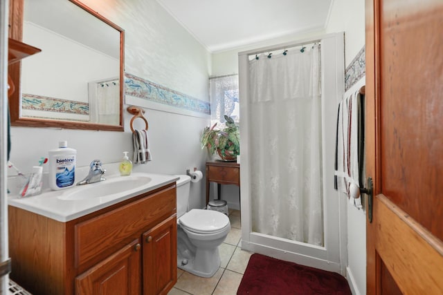 605 E St, Mazon, IL 60444 - bathroom with toilet, vanity, tile patterned floors, and a shower with shower curtain