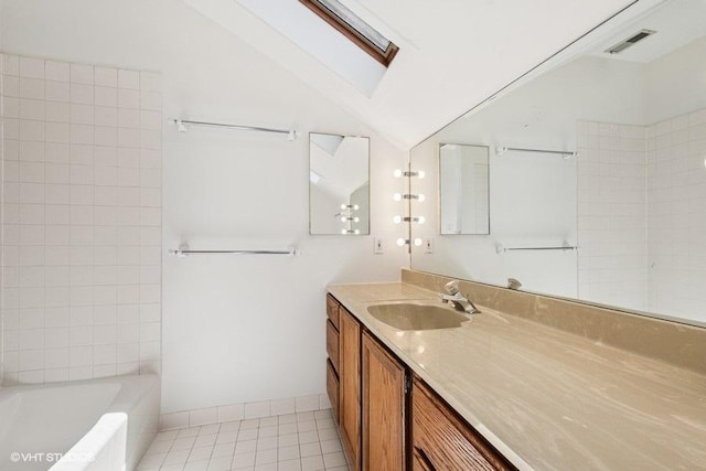 2400 Park Pl, Evanston, IL 60201 - full bathroom with a skylight, vanity, vaulted ceiling, tile patterned flooring, and baseboards