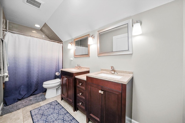 2215 N Woodlawn Park Ave, Mchenry, IL 60051 - bathroom with two vanities, curtained shower, toilet, vaulted ceiling, and recessed lighting