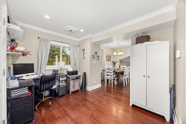 11030 S Nagle Ave, Worth, IL 60482 - office with dark wood-type flooring, ornamental molding, baseboards, recessed lighting, and a chandelier