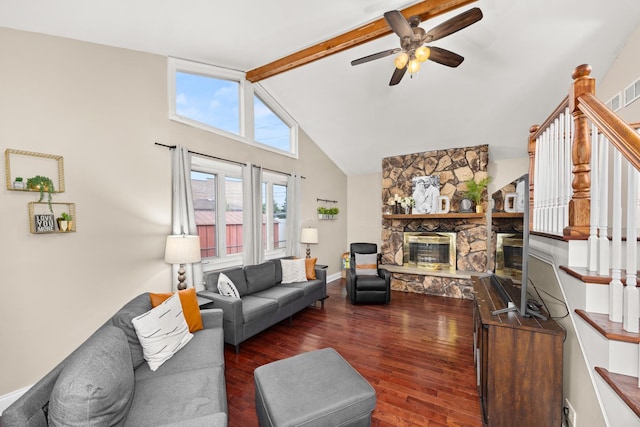 11030 S Nagle Ave, Worth, IL 60482 - living room with a fireplace, wood finished floors, a ceiling fan, beamed ceiling, and high vaulted ceiling