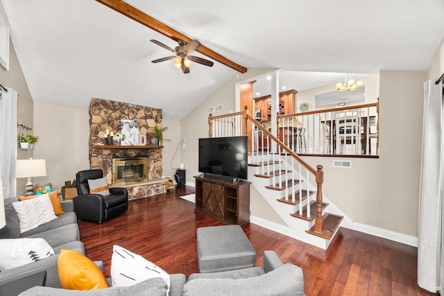 11030 S Nagle Ave, Worth, IL 60482 - living room featuring a fireplace, ceiling fan, baseboards, hardwood / wood-style flooring, and a chandelier
