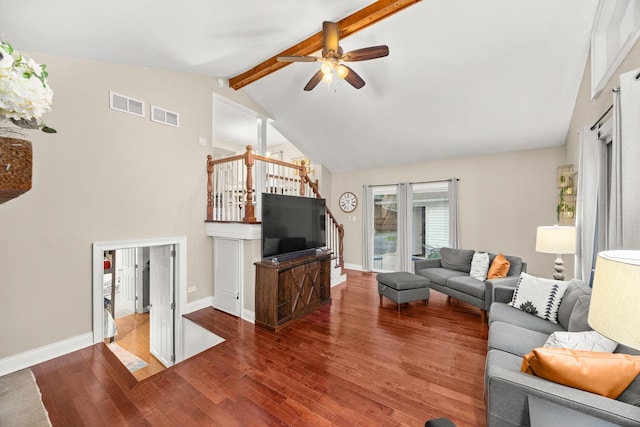 11030 S Nagle Ave, Worth, IL 60482 - living room with a ceiling fan, beam ceiling, wood finished floors, high vaulted ceiling, and baseboards