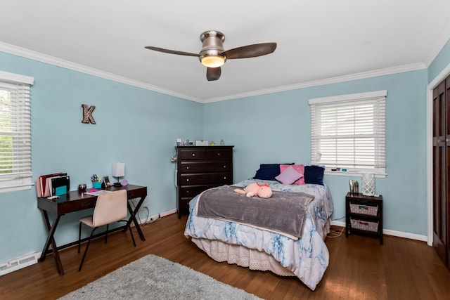 1101 Juniper Ter, Glenview, IL 60025 - bedroom with crown molding, wood finished floors, a desk, baseboards, and a ceiling fan