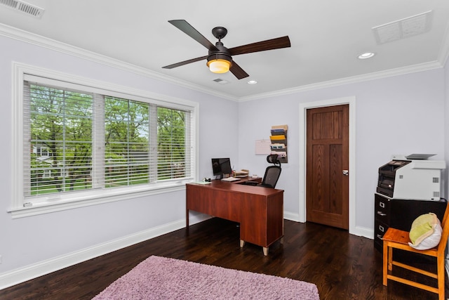 1101 Juniper Ter, Glenview, IL 60025 - office with a ceiling fan, wood finished floors, baseboards, ornamental molding, and recessed lighting