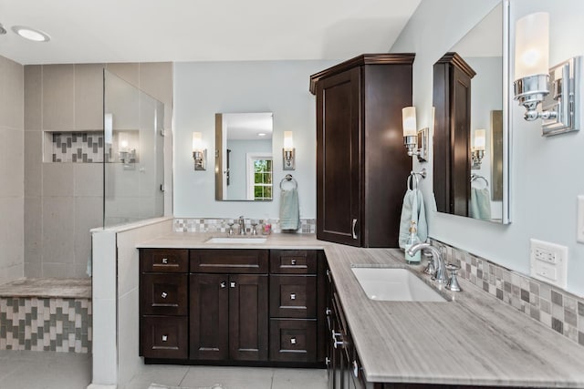 1101 Juniper Ter, Glenview, IL 60025 - bathroom featuring double vanity, a walk in shower, and tile patterned floors