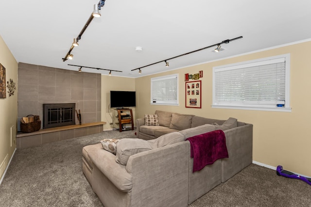 1101 Juniper Ter, Glenview, IL 60025 - carpeted living room featuring rail lighting, a tiled fireplace, and baseboards