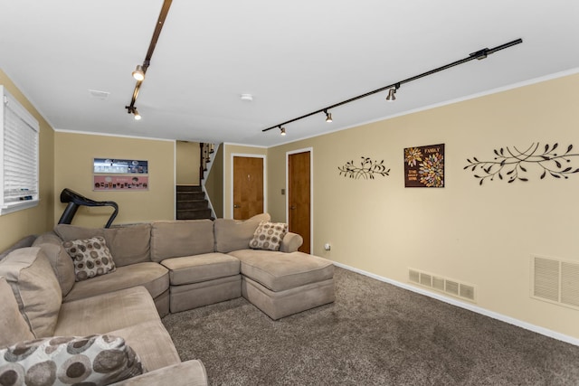 1101 Juniper Ter, Glenview, IL 60025 - living area with rail lighting, stairs, baseboards, carpet floors, and ornamental molding