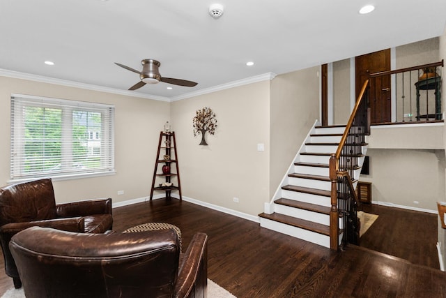 1101 Juniper Ter, Glenview, IL 60025 - sitting room with wood finished floors, stairway, ornamental molding, baseboards, and a ceiling fan