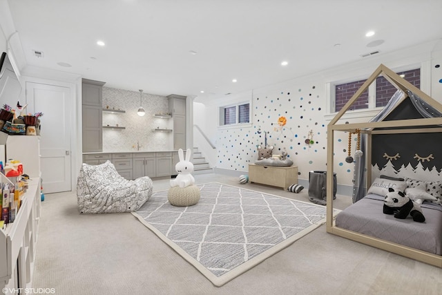 1963 N Dayton St, Chicago, IL 60614 - living room with stairway, ornamental molding, light colored carpet, and recessed lighting