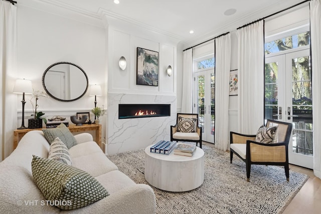 1963 N Dayton St, Chicago, IL 60614 - living room with french doors, crown molding, a premium fireplace, recessed lighting, and wood finished floors