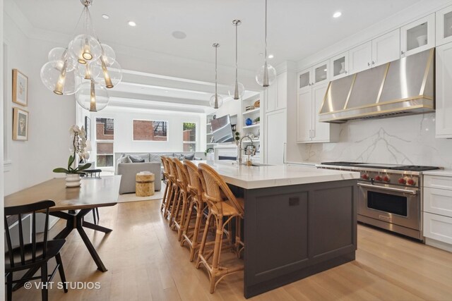 1963 N Dayton St, Chicago, IL 60614 - kitchen featuring under cabinet range hood, designer stove, a sink, light wood finished floors, and recessed lighting