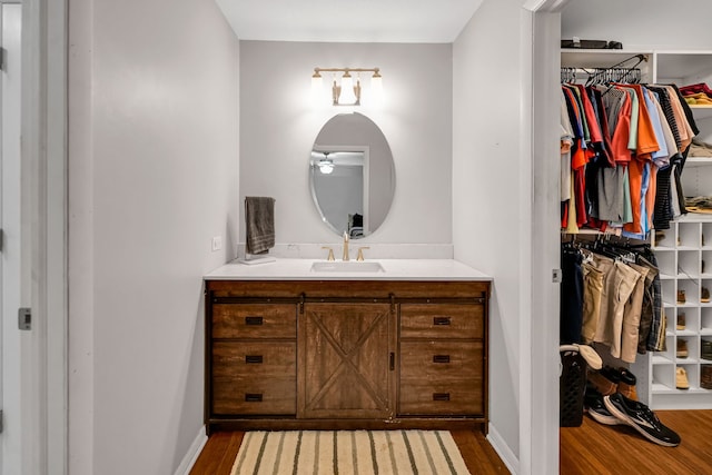 13253 S Oak Ridge Trl Unit 2B, Palos Heights, IL 60463 - bathroom with vanity, wood finished floors, a spacious closet, and baseboards
