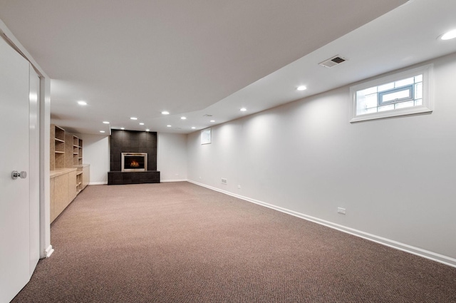 9140 Keystone Ave, Skokie, IL 60076 - unfurnished living room featuring a fireplace, carpet floors, baseboards, and recessed lighting