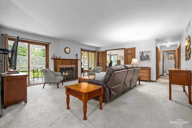 312 Dunham Place Commons Unit 312, Saint Charles, IL 60174 - living room with light carpet and a fireplace with flush hearth