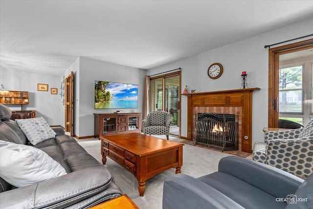 312 Dunham Place Commons Unit 312, Saint Charles, IL 60174 - living room featuring carpet, a fireplace with flush hearth, and baseboards