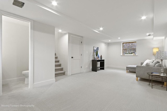 611 S Fern Ave, Elmhurst, IL 60126 - carpeted living room featuring recessed lighting, stairs, and baseboards