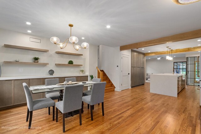 611 S Fern Ave, Elmhurst, IL 60126 - dining room with a chandelier, light wood-style flooring, stairway, recessed lighting, and beam ceiling