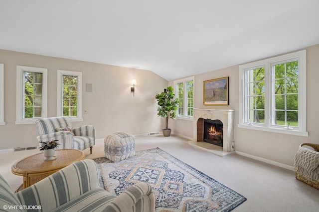 706 Tanglewood Ct, Lake Forest, IL 60045 - living room with baseboards, vaulted ceiling, carpet floors, and a fireplace