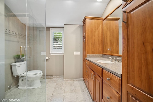 706 Tanglewood Ct, Lake Forest, IL 60045 - bathroom featuring vanity, toilet, baseboards, and a stall shower