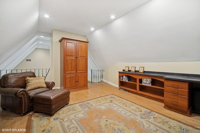 706 Tanglewood Ct, Lake Forest, IL 60045 - living area with vaulted ceiling, light wood-style flooring, recessed lighting, and an upstairs landing