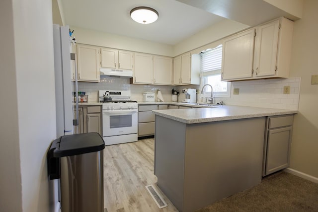 358 Princeton Ave, Bourbonnais, IL 60914 - kitchen with white gas stove, a sink, a peninsula, under cabinet range hood, and backsplash