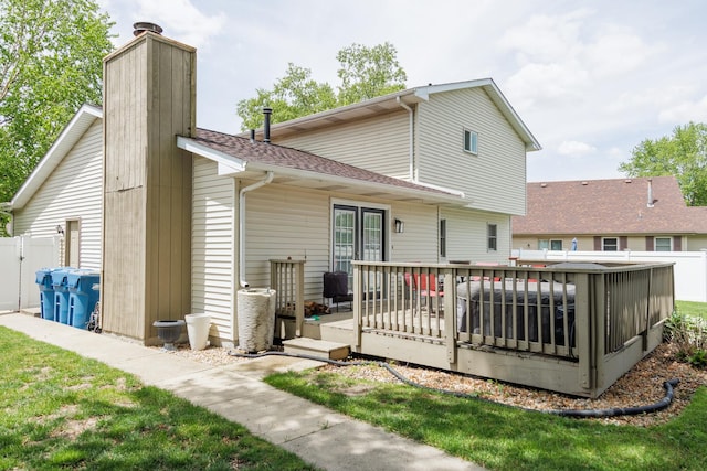 358 Princeton Ave, Bourbonnais, IL 60914 - back of property featuring a wooden deck, a chimney, and roof with shingles
