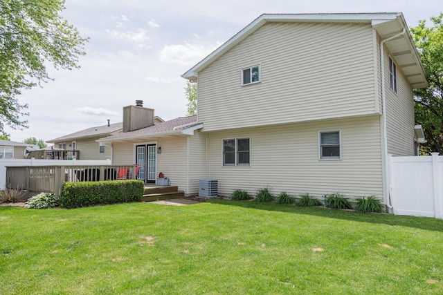 358 Princeton Ave, Bourbonnais, IL 60914 - back of house featuring a wooden deck, a chimney, and cooling unit