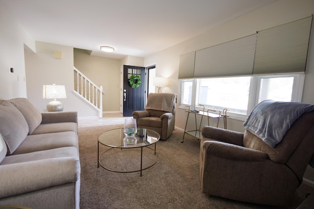 358 Princeton Ave, Bourbonnais, IL 60914 - carpeted living area featuring stairway and baseboards