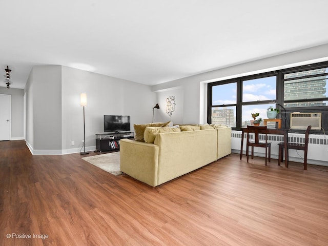 6118 N Sheridan Rd Unit 1003, Chicago, IL 60660 - living room featuring wood finished floors, baseboards, cooling unit, and radiator
