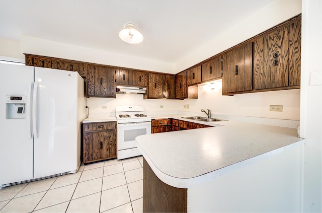 15108 Sunset Ridge Dr, Orland Park, IL 60462 - kitchen with white appliances, a sink, under cabinet range hood, dark brown cabinets, and light countertops