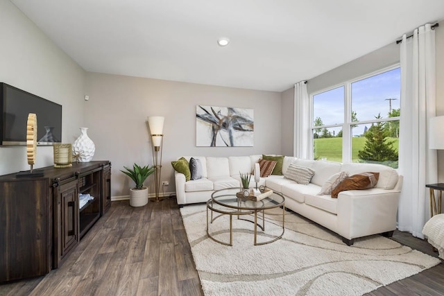 living room with wood finished floors, baseboards, and recessed lighting
