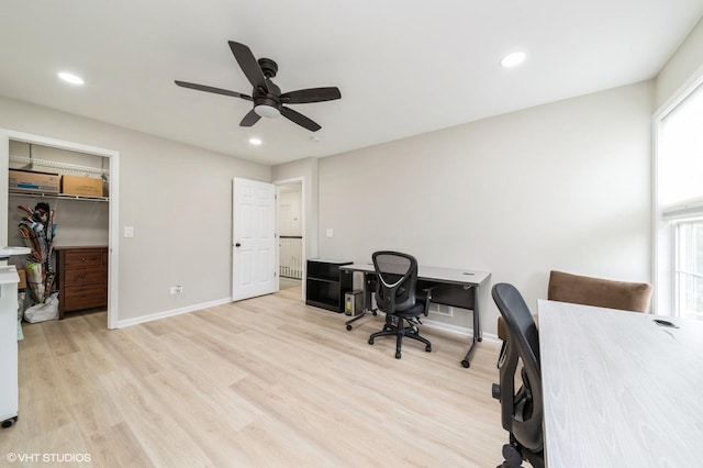 1237 Bradley Cir, Elgin, IL 60123 - office area with ceiling fan, plenty of natural light, light wood finished floors, recessed lighting, and baseboards